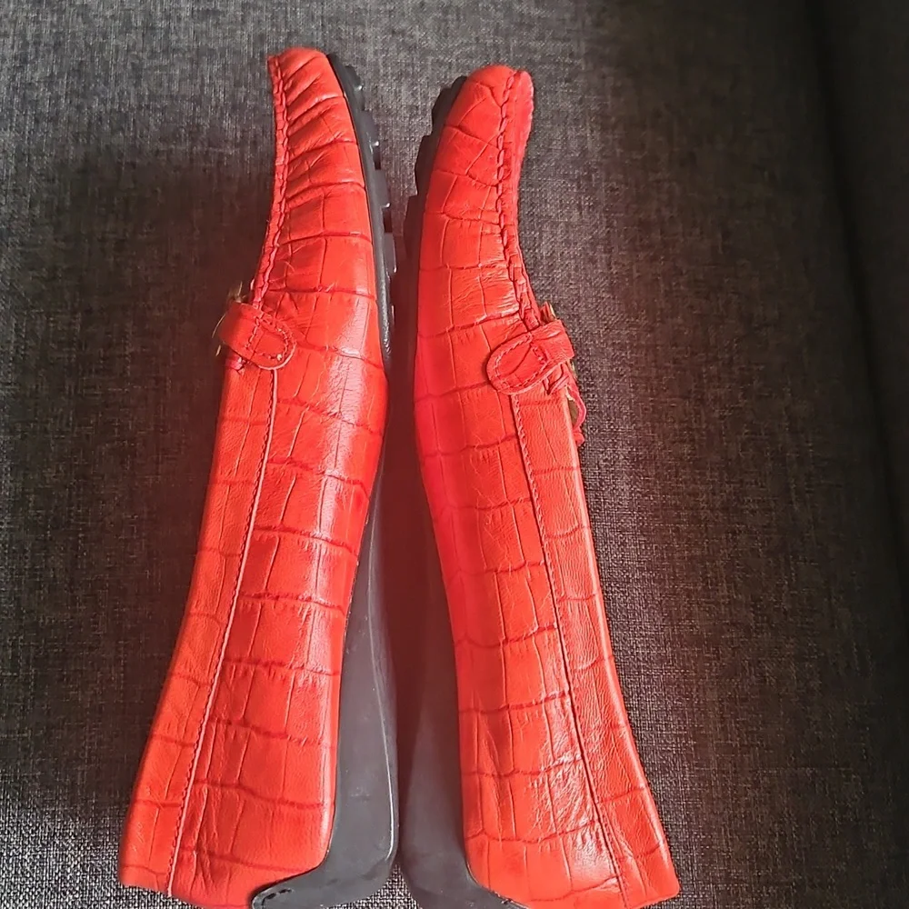 Red Stuart Weitzman patent Cocodrile leather loafers With Gold Trim - Picture 9 of 9